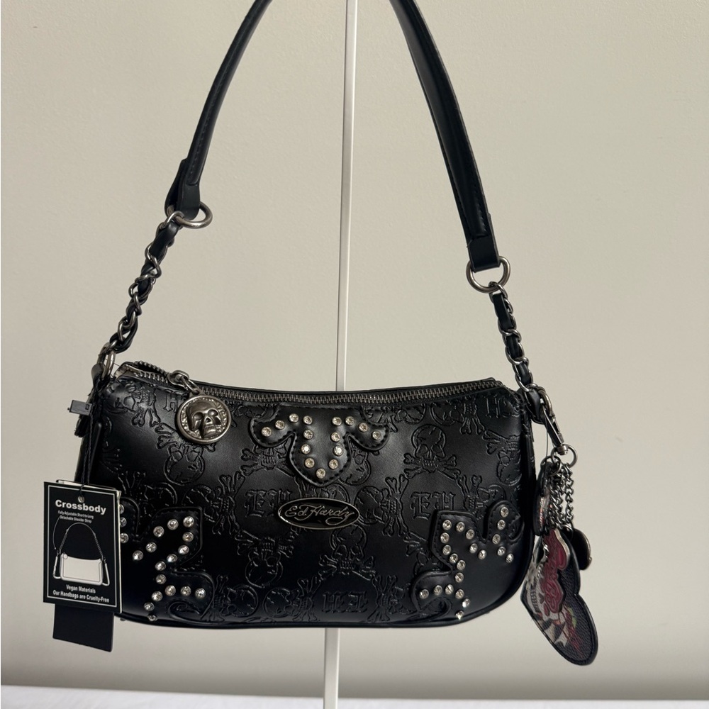 Ed Hardy Black Studded Embossed Mini Shoulder Bag